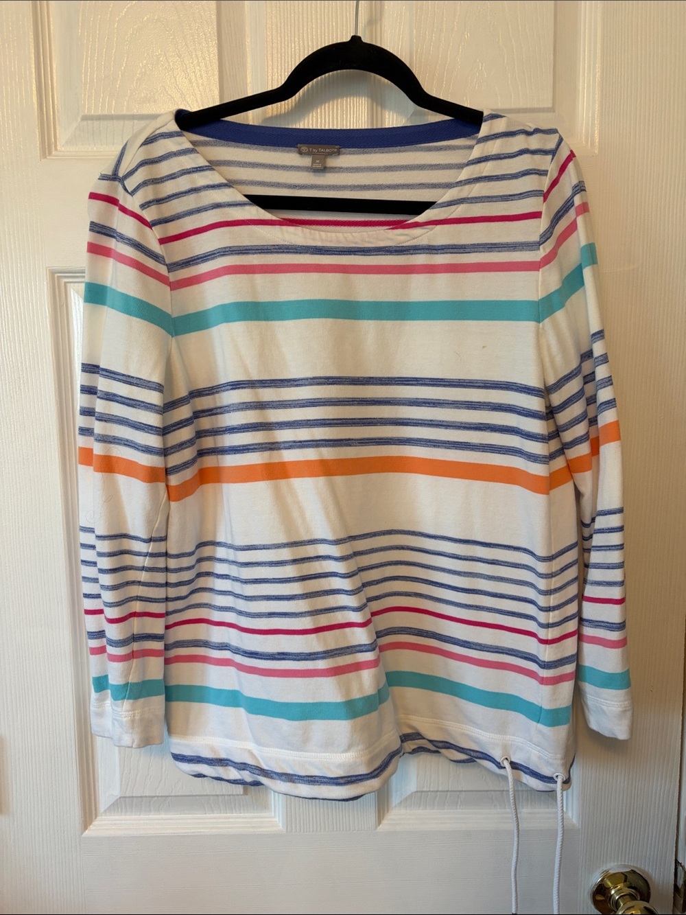 T by Talbots White Striped Boatneck Top with Blue, Pink and Black